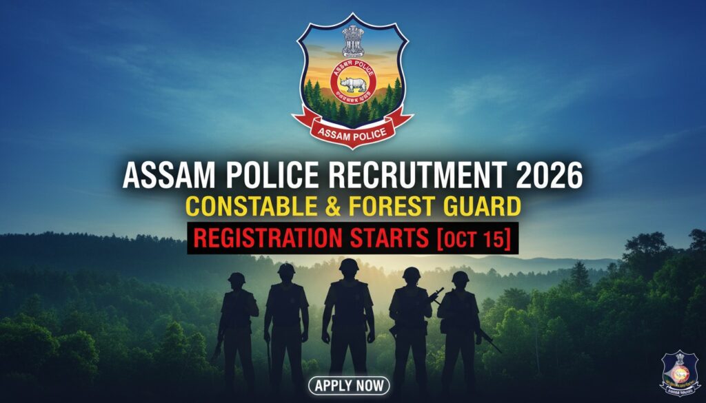 Assam Police and Forest Department recruitment banner with application details.