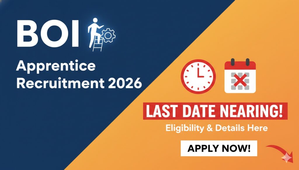 बैंक ऑफ इंडिया अप्रेंटिस भर्ती 2026 का आधिकारिक पोस्टर जिसमें आवेदन विवरण दिखाया गया है