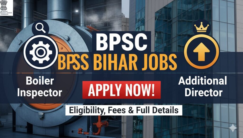 BPSC भर्ती अधिसूचना का ग्राफिक प्रतिनिधित्व दिखाते हुए आवेदन फॉर्म और बिहार लोगो।