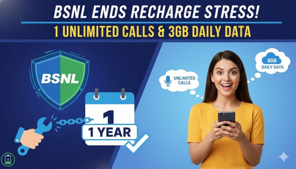 BSNL का नया 365 दिनों का प्रीपेड प्लान पोस्टर जिसमें अनलिमिटेड कॉल्स और डेली 3GB डेटा हाइलाइटेड है।