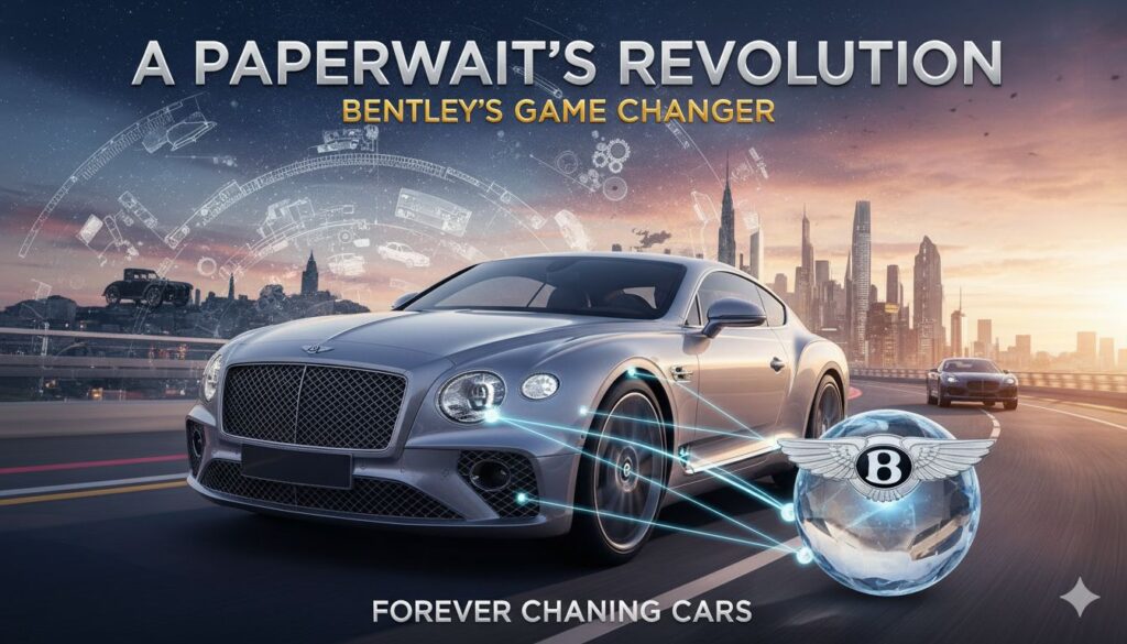 Bentley संस्थापक W.O. Bentley और एल्यूमिनियम पेपरवेट का कलात्मक चित्रण, जो ऑटोमोबाइल क्रांति का प्रतीक है।