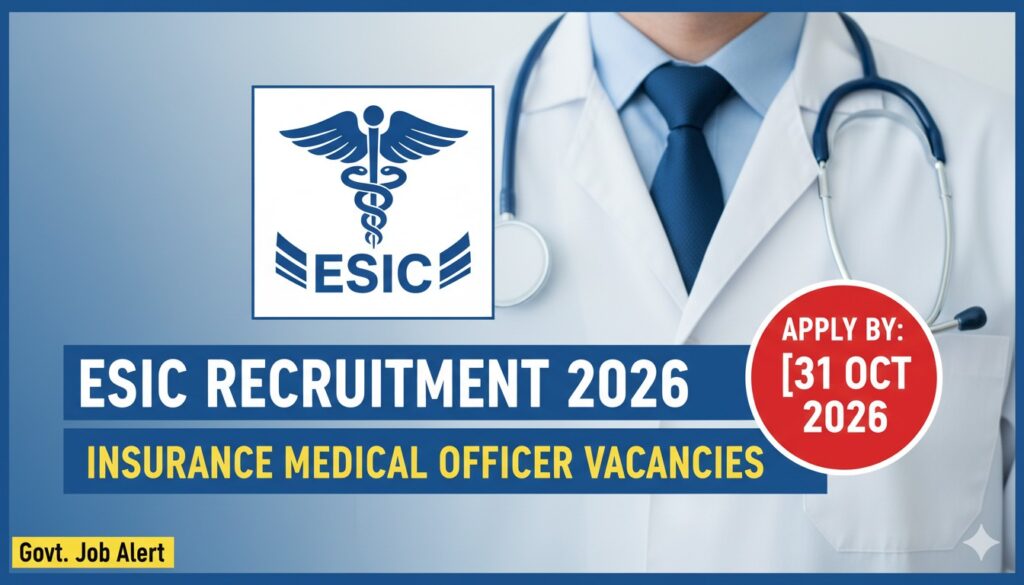 ईएसआईसी इंश्योरेंस मेडिकल ऑफिसर भर्ती 2026 की अधिसूचना और आवेदन फॉर्म।