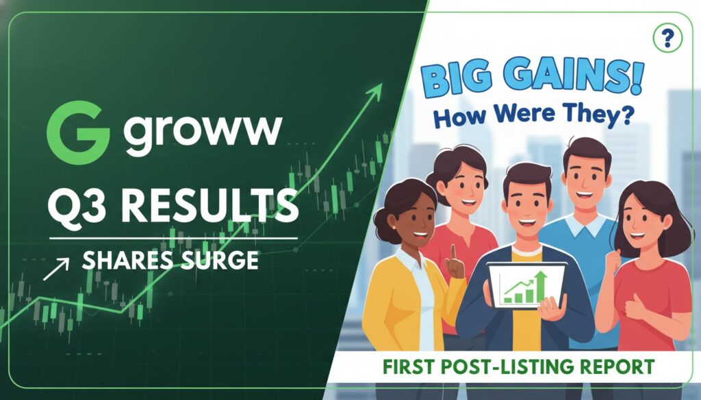 Groww Q3 FY26 फाइनेंशियल रिजल्ट्स ग्राफ दिखाते हुए कंपनी लोगो के साथ स्टॉक मार्केट चार्ट