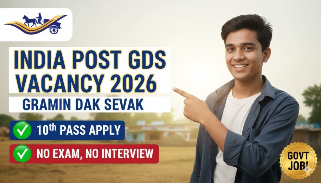 भारतीय डाक विभाग का लोगो और ग्रामीण डाक सेवक पदों की भर्ती अधिसूचना का चित्रण।