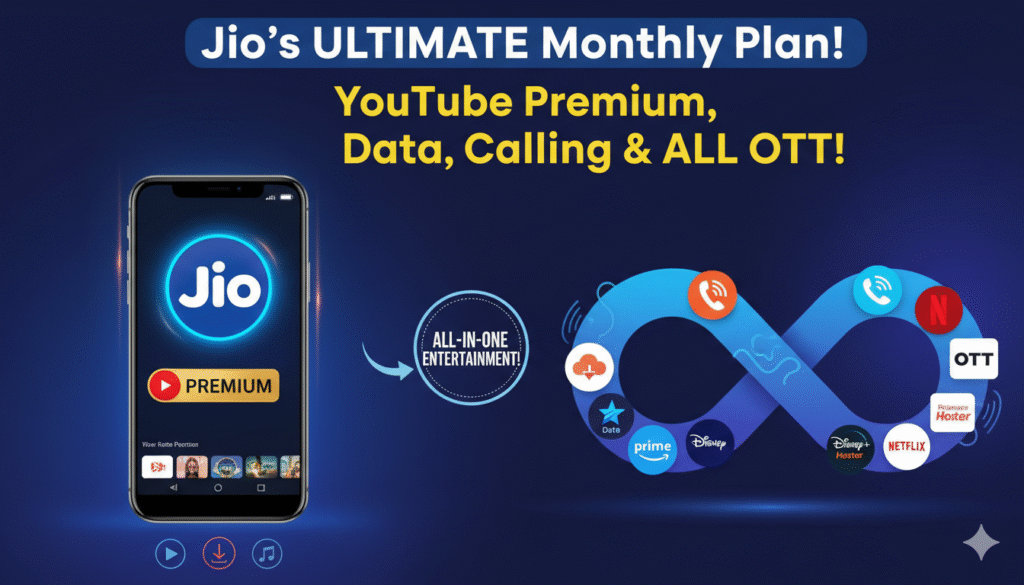 Jio Happy New Year 2026 प्लान का पोस्टर जिसमें YouTube Premium और OTT ऐप्स के आइकन्स दिख रहे हैं।