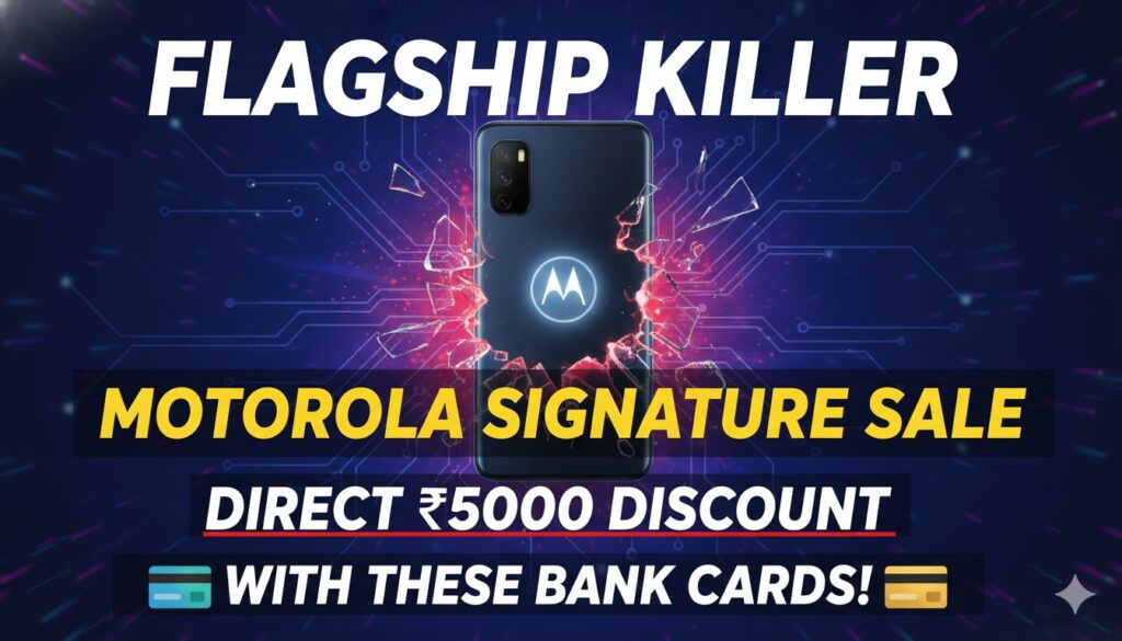 Motorola Signature स्मार्टफोन का फ्रंट और बैक व्यू, पीच कलर में क्वाड कैमरा सेटअप के साथ।