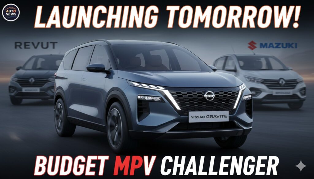 Nissan Gravite MPV का फ्रंट व्यू, रेड कलर में LED हेडलाइट्स के साथ।