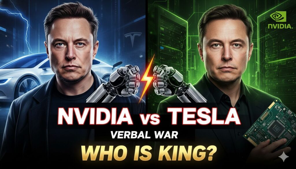 एलन मस्क और जेनसन हुआंग की तस्वीर के साथ Nvidia और Tesla के लोगो, ऑटोनॉमस कार बैकग्राउंड में।