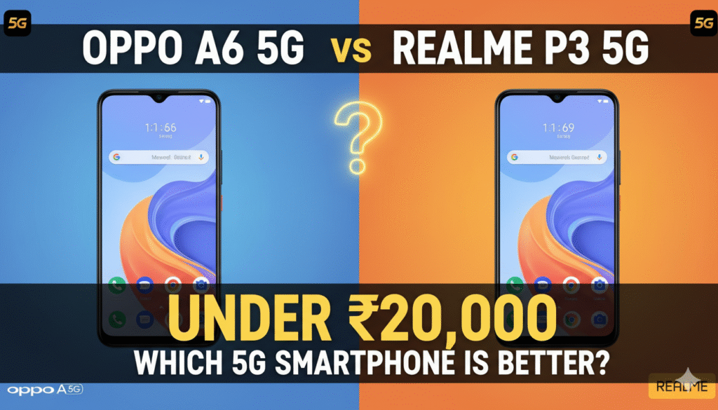Oppo A6 5G और Realme P3 5G स्मार्टफोन की साइड बाय साइड तुलना इमेज।
