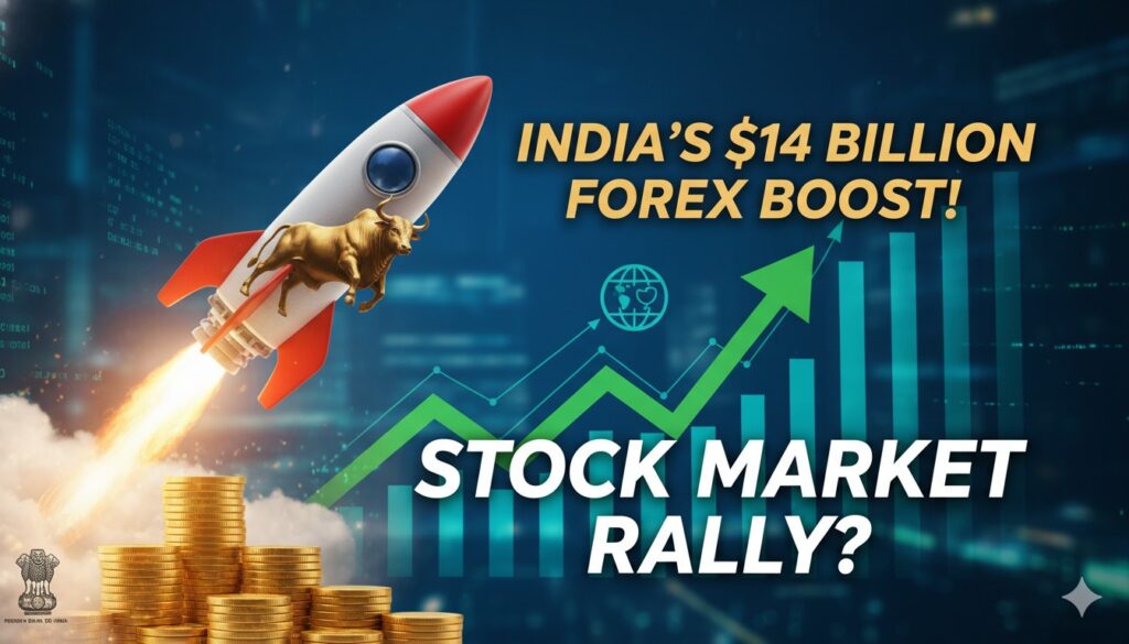 भारत के विदेशी मुद्रा भंडार में बढ़ोतरी दिखाता ग्राफ और RBI लोगो।