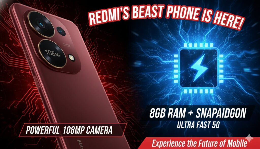 Redmi Note 15 5G स्मार्टफोन का फ्रंट और बैक व्यू, 108MP कैमरा हाइलाइटेड।