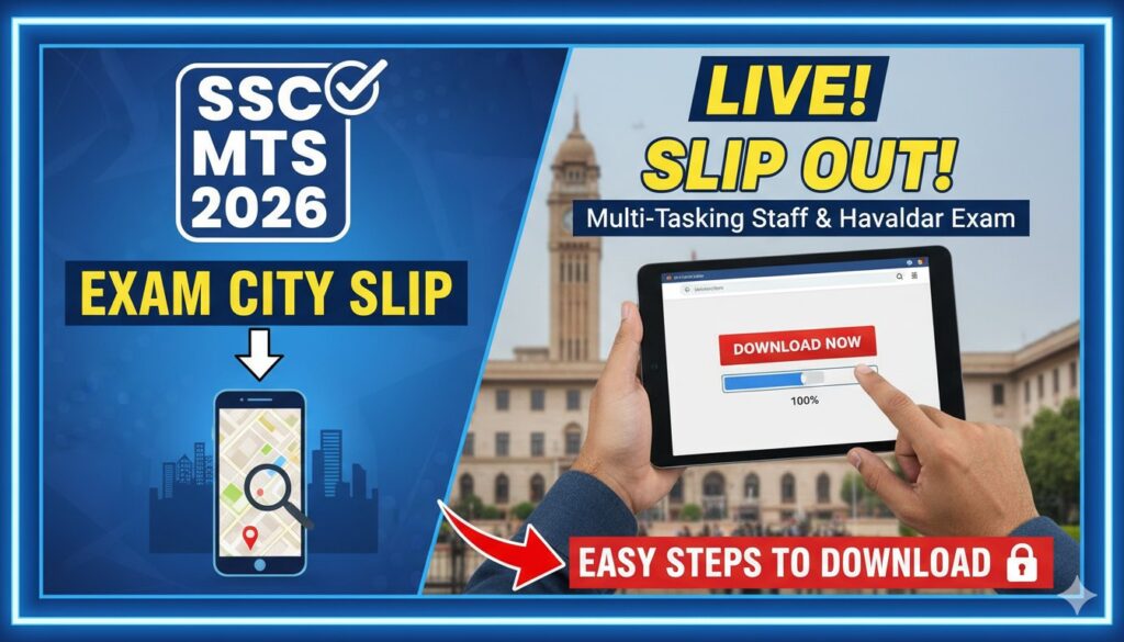 SSC MTS और हवलदार परीक्षा 2026 के लिए एग्जाम सिटी स्लिप डाउनलोड प्रक्रिया दिखाती इमेज