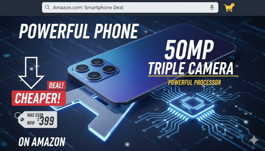 Samsung Galaxy M17 5G स्मार्टफोन का फ्रंट और बैक व्यू, नीले रंग में ट्रिपल कैमरा सेटअप दिखाते हुए