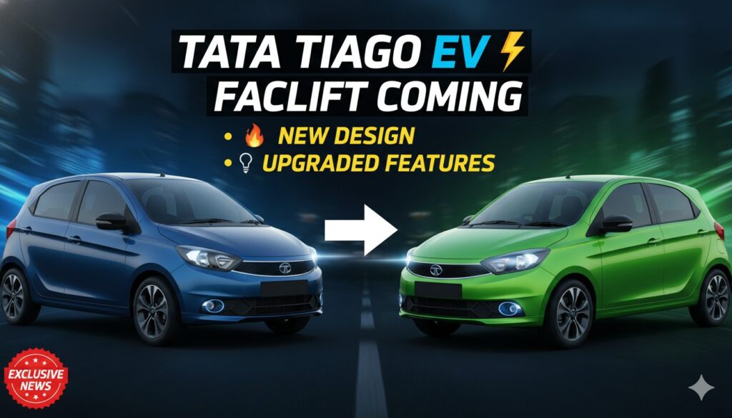 Tata Tiago EV Facelift का नया डिजाइन वाला फ्रंट व्यू।