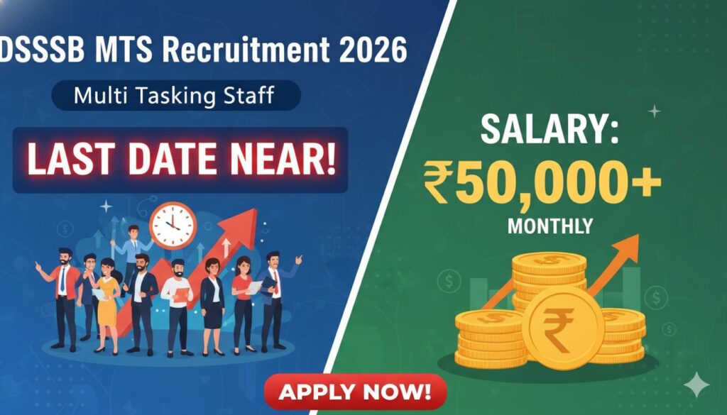 Alt Text for featured image : दिल्ली में DSSSB MTS भर्ती 2026 के लिए आवेदन करते युवा, 714 पदों पर 56,900 तक सैलरी