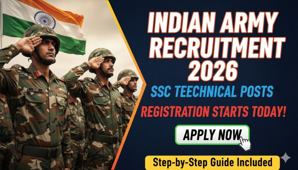 Alt Text for featured image : भारतीय सेना SSC टेक्निकल भर्ती 2026 के लिए ऑनलाइन आवेदन प्रक्रिया दिखाता ग्राफिक