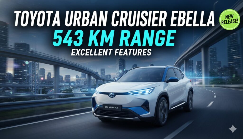 Toyota Urban Cruiser Ebella इलेक्ट्रिक SUV का फ्रंट व्यू, नीले रंग में LED हेडलैंप्स के साथ।