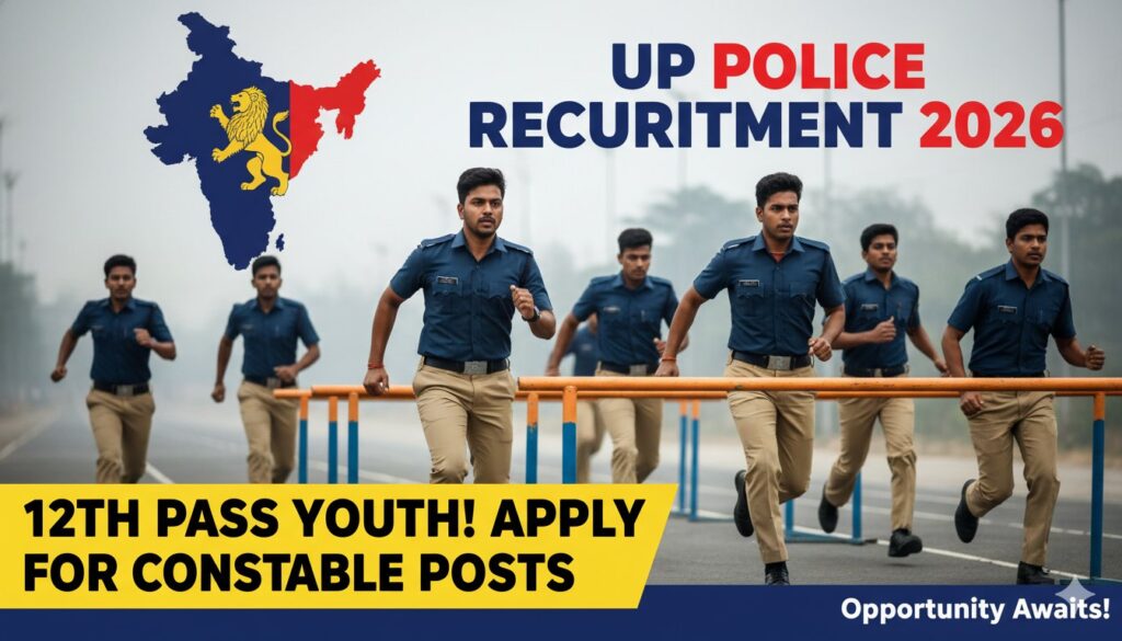 उत्तर प्रदेश पुलिस भर्ती 2026 का आधिकारिक पोस्टर जिसमें आवेदन विवरण दिखाया गया है