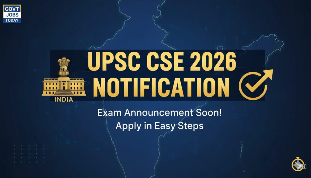 यूपीएससी लोगो के साथ सिविल सर्विसेज एग्जामिनेशन 2026 नोटिफिकेशन का ग्राफिक प्रतिनिधित्व