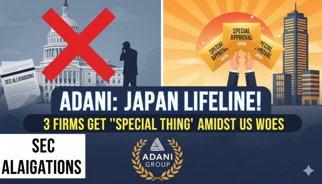 अदाणी ग्रुप लोगो के साथ जापान का झंडा और क्रेडिट रेटिंग सर्टिफिकेट