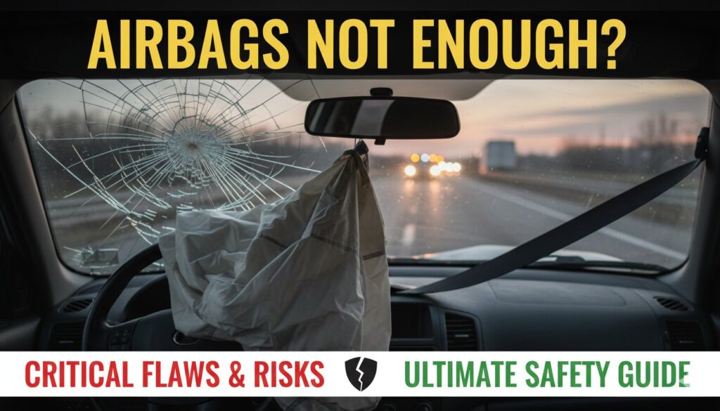 कार दुर्घटना में एयरबैग डिप्लॉय होते हुए, लेकिन सुरक्षा की सीमाएं दिखाती इमेज