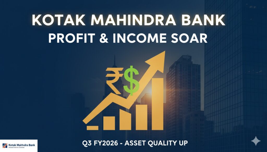 कोटक महिंद्रा बैंक का फाइनेंशियल ग्रोथ चार्ट दिखाता हुआ इमेज, जिसमें लाभ और आय की वृद्धि हाइलाइट की गई है।