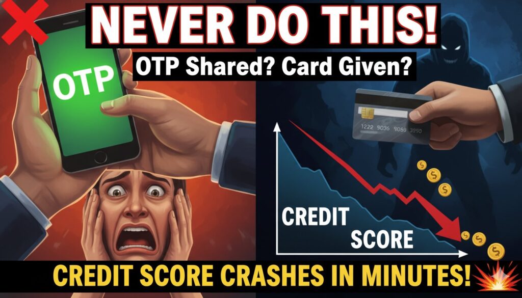 गिरते क्रेडिट स्कोर का ग्राफिक, OTP और क्रेडिट कार्ड आइकन के साथ