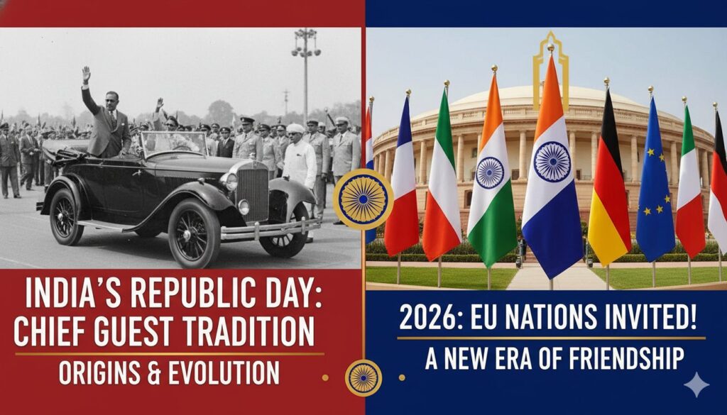 गणतंत्र दिवस परेड में EU नेता उर्सुला वॉन डेर लेयेन और एंटोनियो कोस्टा के साथ भारतीय झंडा और सैन्य प्रदर्शन