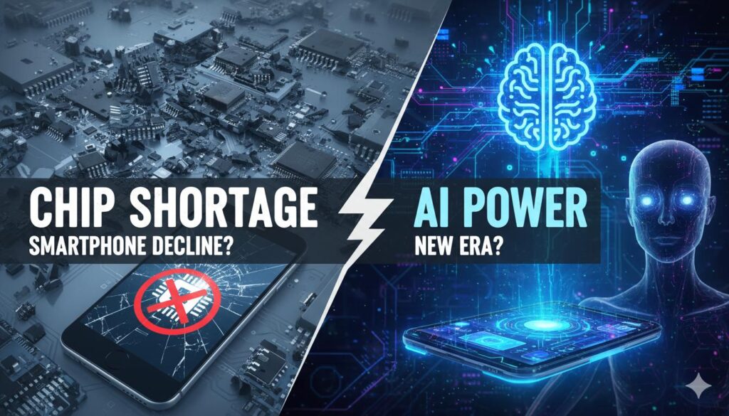 वैश्विक चिप संकट और AI की ताकत से प्रभावित स्मार्टफोन का ग्राफिक इलस्ट्रेशन, जिसमें मेमोरी चिप्स की कमी और AI प्रोसेसिंग दिखाई गई है