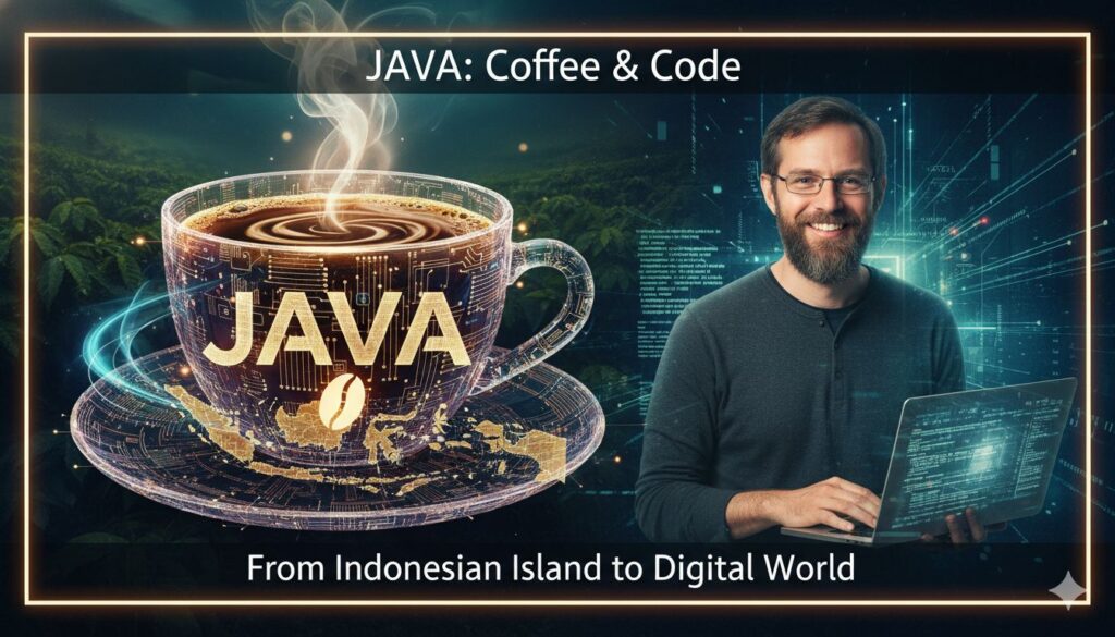 इंडोनेशियाई जावा कॉफी कप के साथ जावा प्रोग्रामिंग कोड का लोगो