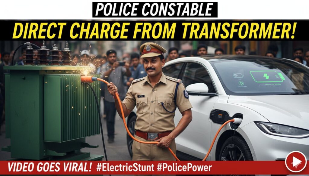 पुलिस कॉन्स्टेबल ट्रांसफॉर्मर से सफेद EV कार चार्ज करते हुए का दृश्य