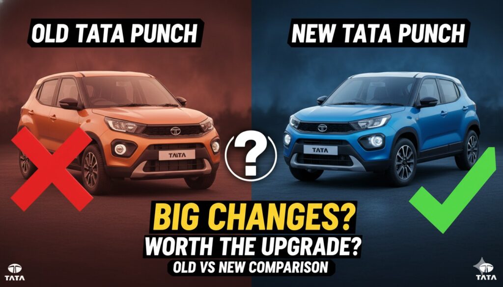 नई 2026 टाटा पंच फेसलिफ्ट का फ्रंट व्यू दिखाता हुआ, शार्प LED हेडलैंप्स और कनेक्टेड टेललैंप्स के साथ