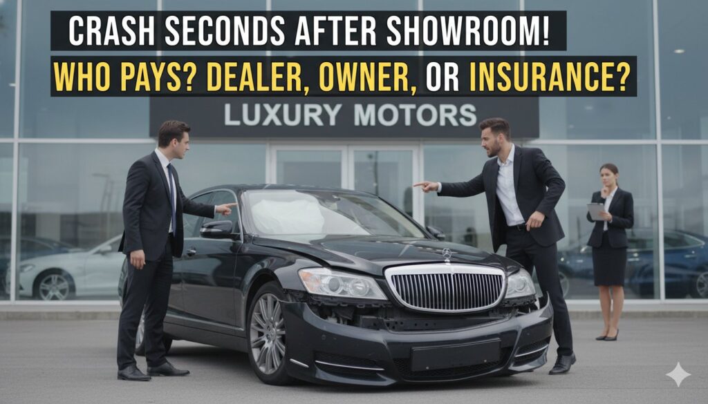 शोरूम के बाहर दुर्घटनाग्रस्त नई कार का दृश्य