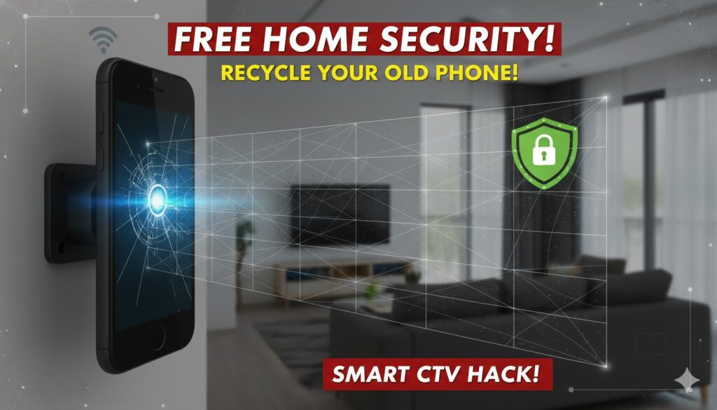 पुराना स्मार्टफोन घर की निगरानी के लिए CCTV कैमरा के रूप में इस्तेमाल होता हुआ।