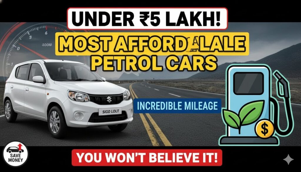 5 लाख बजट वाली पेट्रोल कारों की इमेज, Maruti Alto K10 और Renault Kwid जैसी मॉडल्स दिखाते हुए