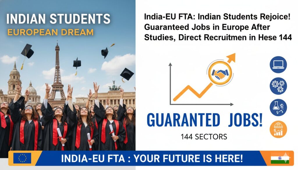 भारतीय छात्र यूरोपियन यूनिवर्सिटी में ग्रेजुएशन सेलिब्रेट करते हुए, बैकग्राउंड में ईयू फ्लैग और इंडियन फ्लैग