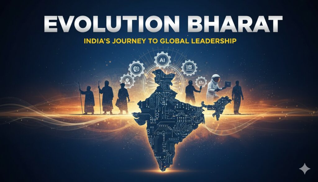 भारत का विकास दर्शाती एक ग्राफिक इमेज जिसमें GDP ग्राफ, तकनीकी आइकन और सामाजिक प्रगति के प्रतीक दिखाई दे रहे हैं।