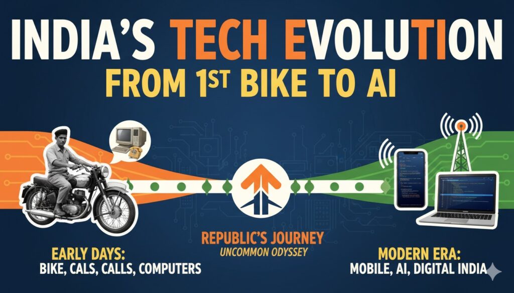 भारतीय गणतंत्र की तकनीकी यात्रा दर्शाती छवि जिसमें रेडियो, कंप्यूटर, मोबाइल और बाइक शामिल हैं।