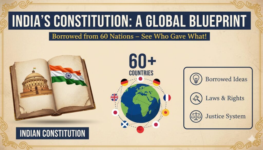 भारतीय संविधान की किताब और विभिन्न देशों के झंडों के साथ डॉ. बी.आर. अंबेडकर की तस्वीर