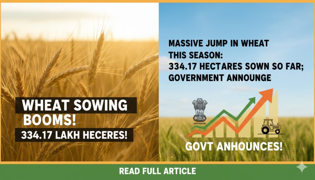 भारत में रबी सीजन के दौरान गेहूं की बुवाई के खेत, हरे-भरे पौधे और किसान काम करते हुए