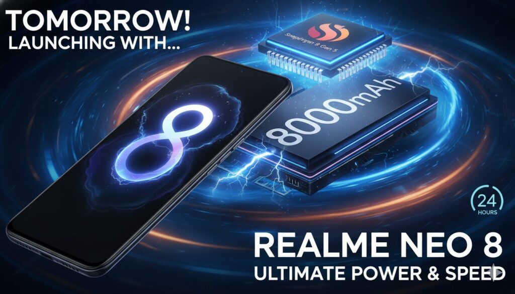 रियलमी नियो 8 स्मार्टफोन का फ्रंट व्यू जिसमें बड़ा डिस्प्ले और ट्रिपल कैमरा सेटअप दिख रहा है