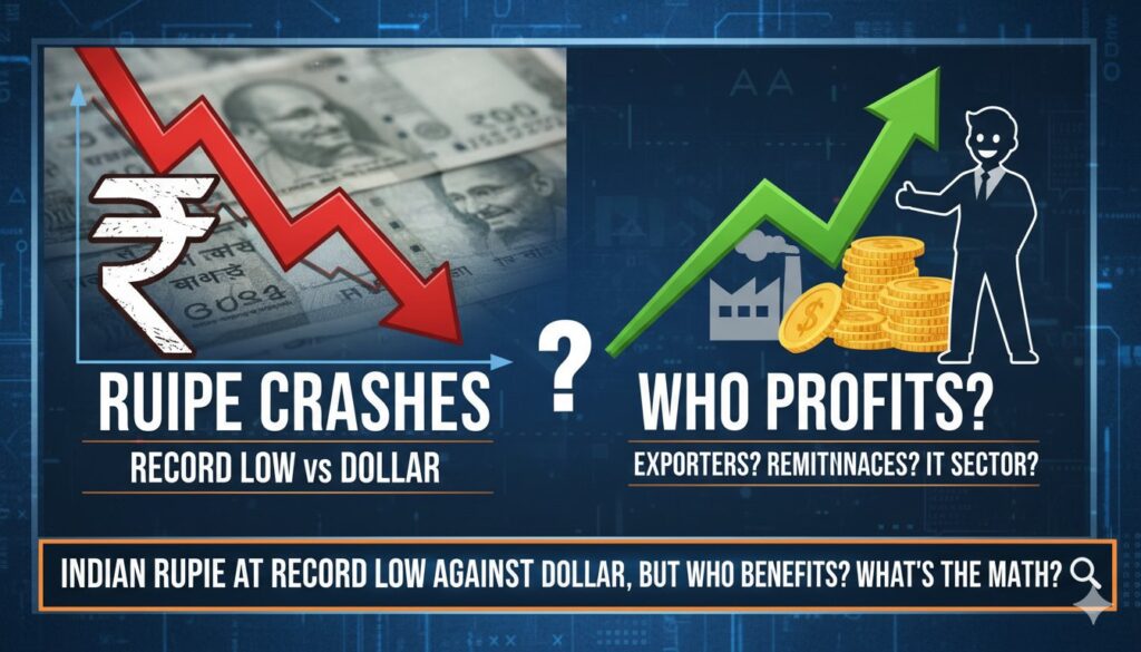 डॉलर और रुपये के नोट्स के साथ गिरते हुए रुपया ग्राफ
