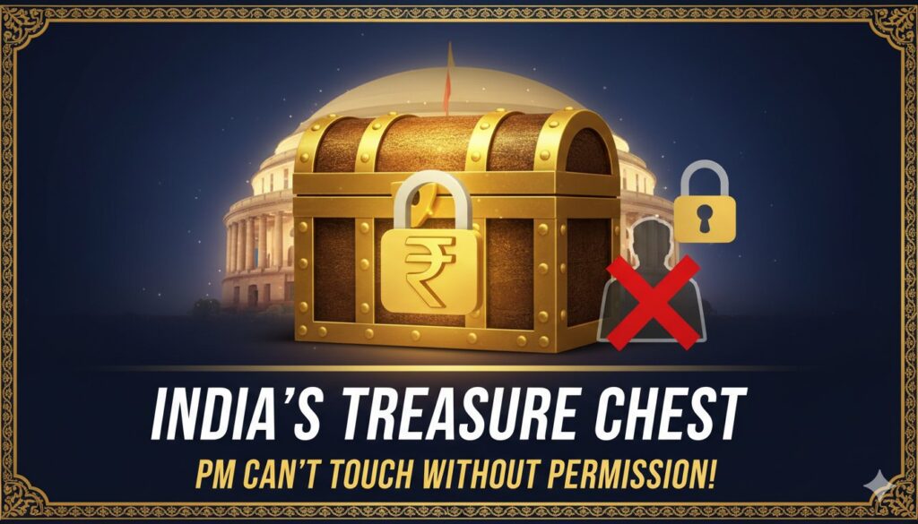 भारत की संचित निधि का प्रतीकात्मक चित्र दिखाते हुए सरकारी खजाने की अवधारणा।