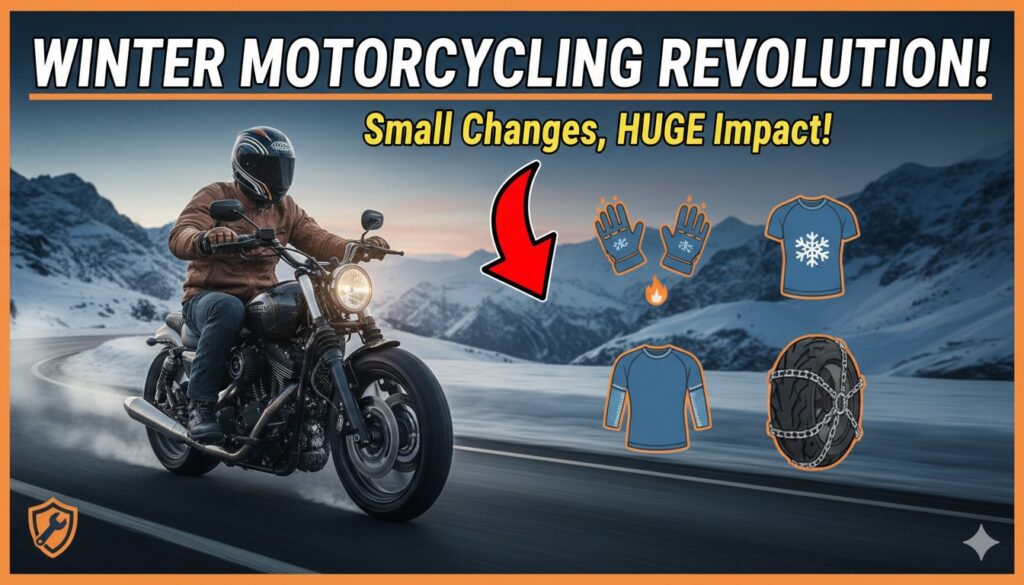 सर्दियों में गियर पहने मोटरसाइकिल राइडर फॉग भरी रोड पर चलते हुए