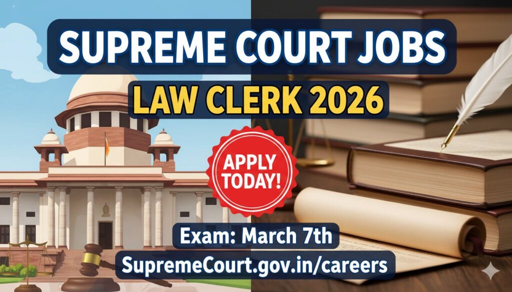 सुप्रीम कोर्ट भवन की छवि जिसमें लॉ क्लर्क भर्ती का पोस्टर दिखाई दे रहा है।