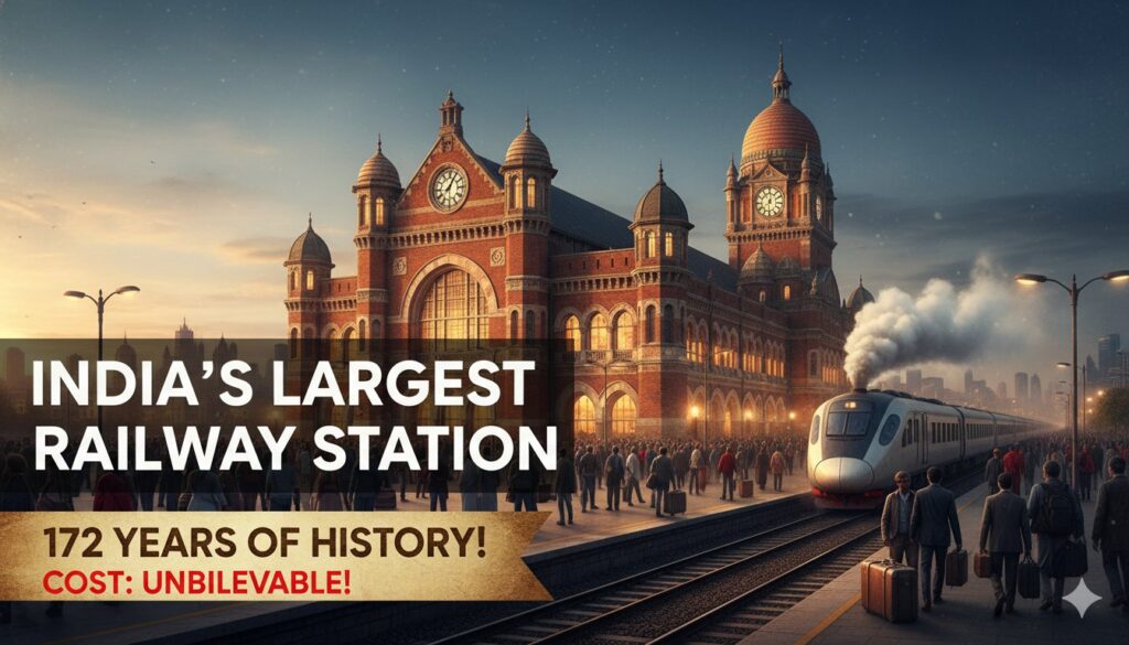हावड़ा जंक्शन रेलवे स्टेशन का बाहरी दृश्य, भारत का सबसे बड़ा और व्यस्ततम स्टेशन।