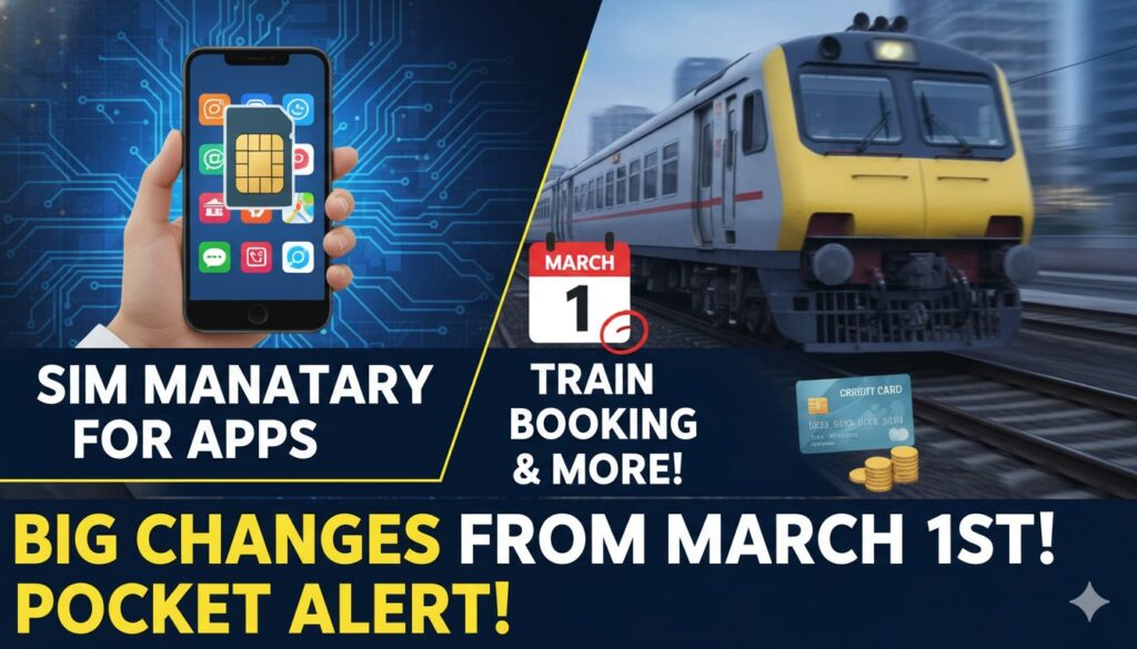 1 मार्च 2026 से सिम बाइंडिंग और RailOne ऐप से ट्रेन टिकट बुकिंग के नए नियम दिखाता ग्राफिक