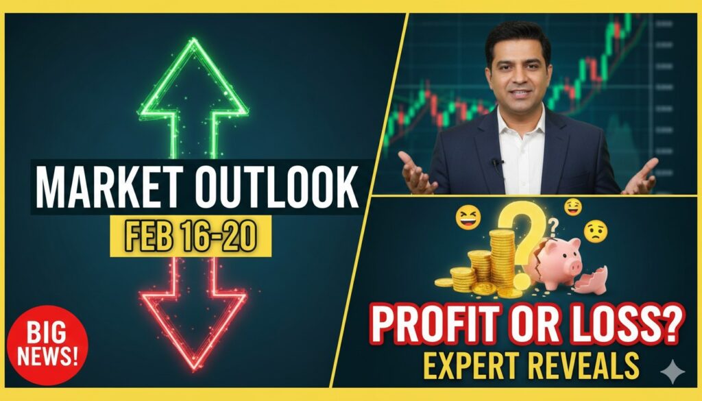 भारतीय शेयर बाजार का ग्राफ दिखाता हुआ, निफ्टी और सेंसेक्स की गिरावट के साथ 16-20 फरवरी 2026 का आउटलुक