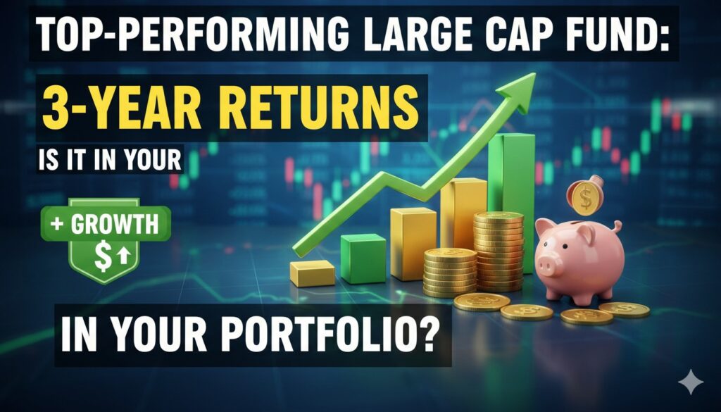 टॉप लार्ज कैप म्यूचुअल फंड्स का ग्राफ दिखाता हुआ चार्ट, जिसमें 3 साल के हाई रिटर्न वाले फंड्स हाइलाइटेड हैं