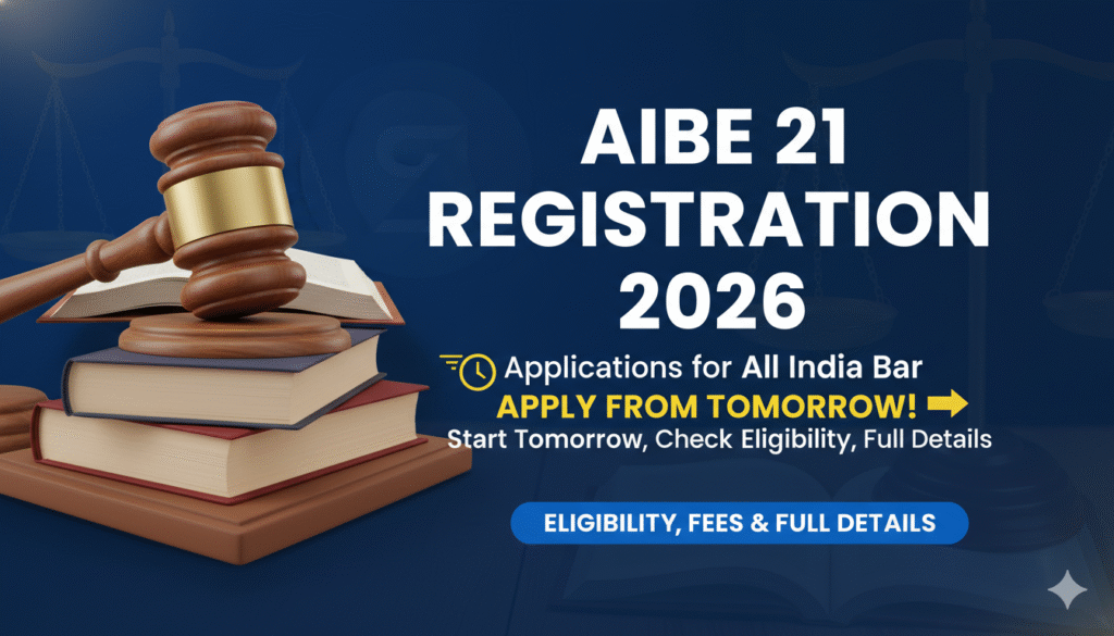AIBE 21 Registration 2026 शुरू, बार एग्जाम आवेदन प्रक्रिया और डिटेल्स वाली ग्राफिक इमेज